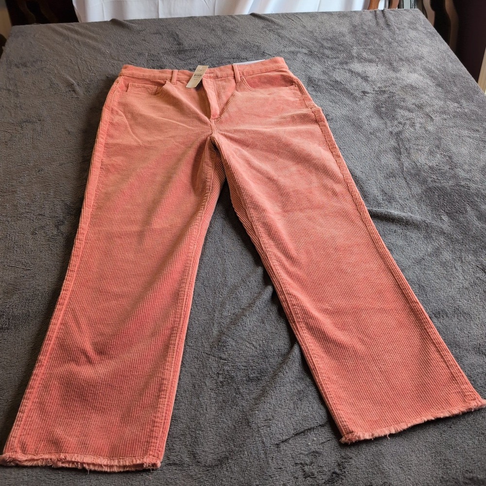 Loft The Straight Crop Corduroy Pants Coral Pink High Rise Raw Hem Size 31/12